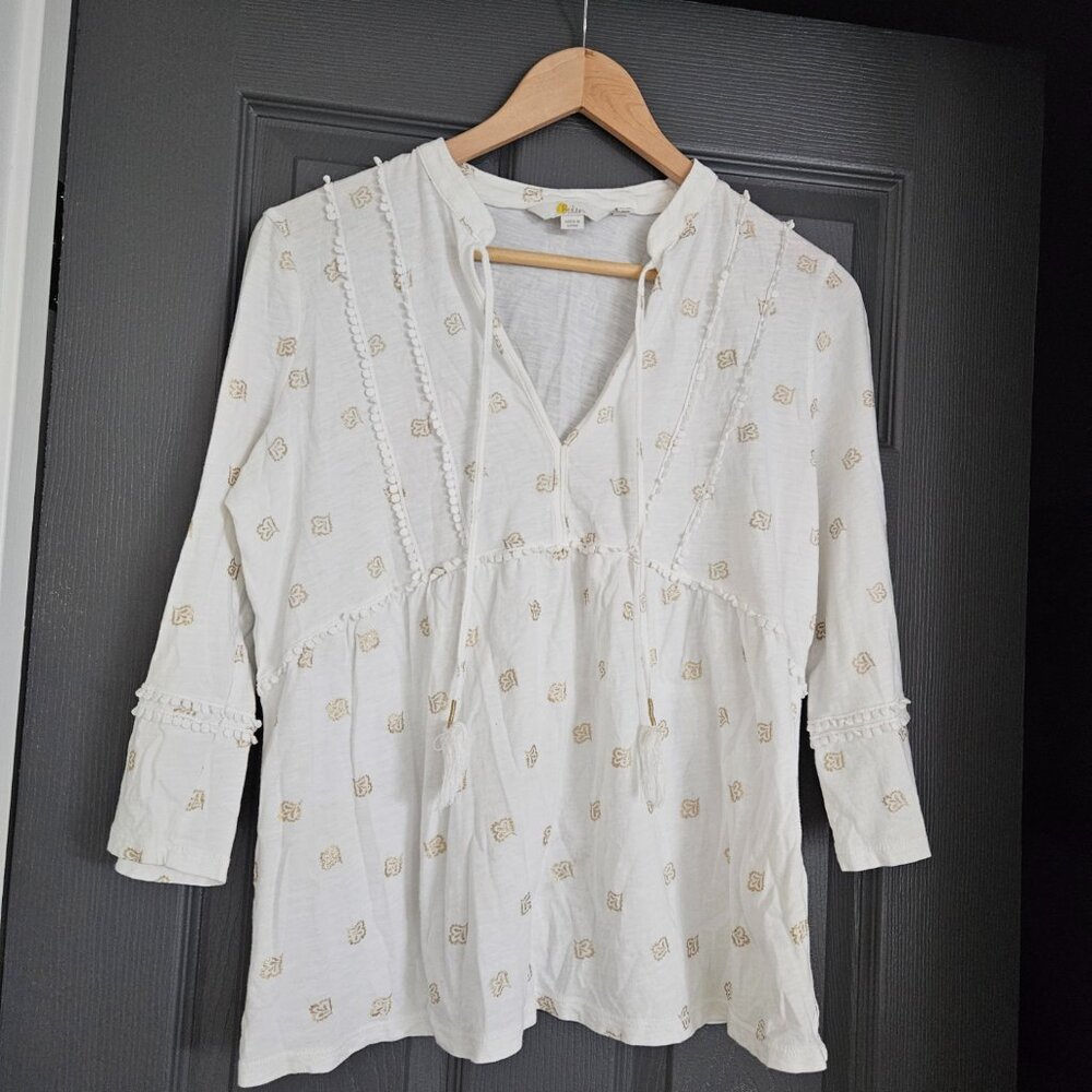 Boden Cotton Tunic Top Women’s 10R White with Gold Embroidery Detail